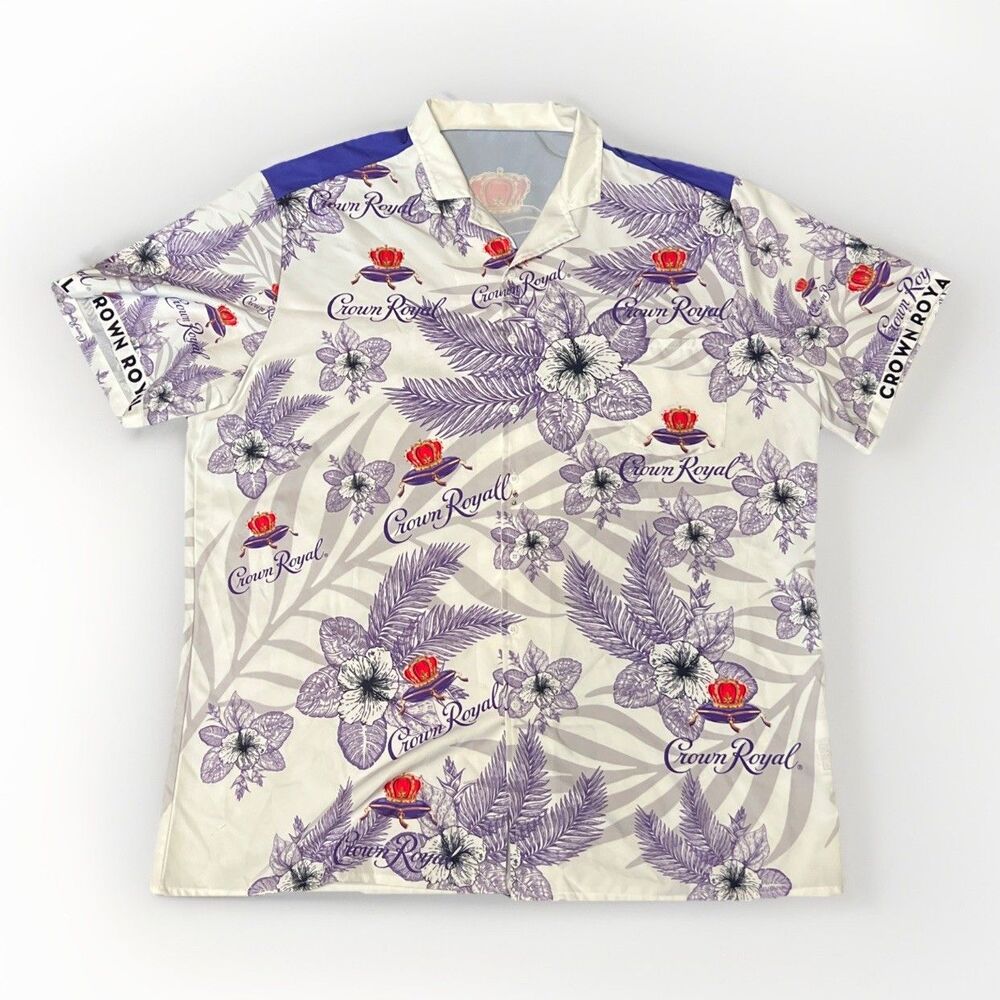 Crown Royal Hawaiian Shirt Mens 2XL White Purple Tropical Whiskey Beach